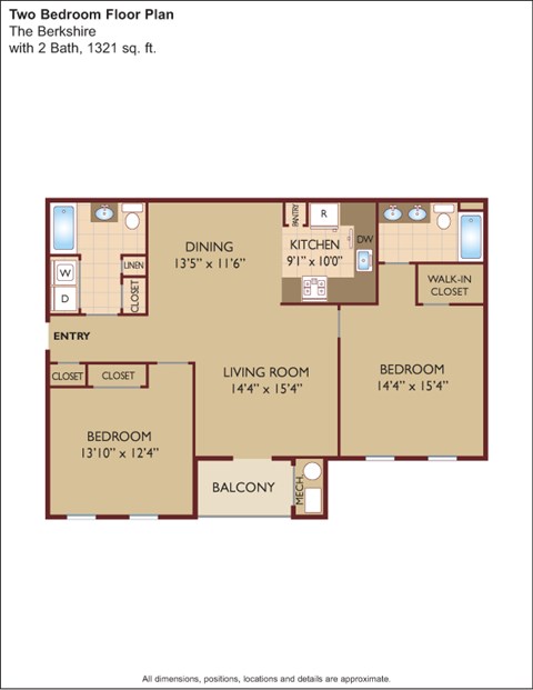 Floor plan for 2 beds, 2 baths, 1325 sqft